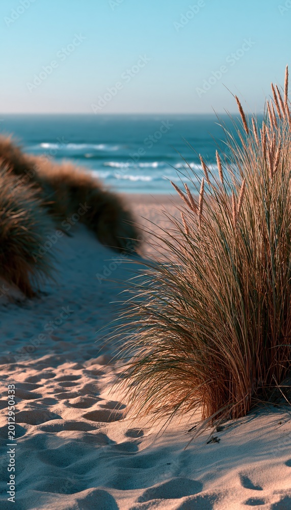 Obraz premium Sunlit beach path through dune grass leading to calm ocean
