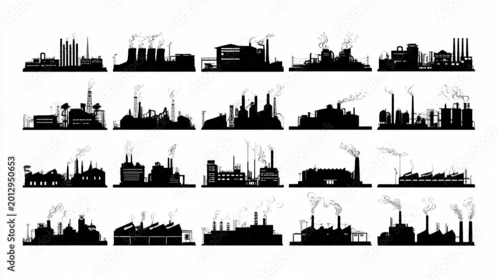 Fototapeta premium Industrial Factory City Skyline Silhouettes.