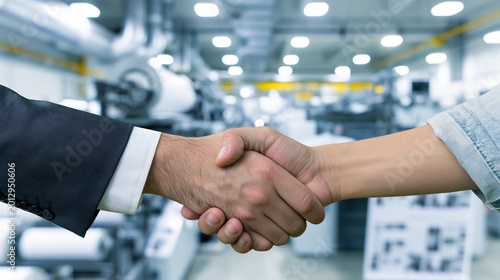 Publishing and print media industry business deal. Two hands in firm handshake against a blurred commercial printing press facility with paper rolls feeding through printing units.