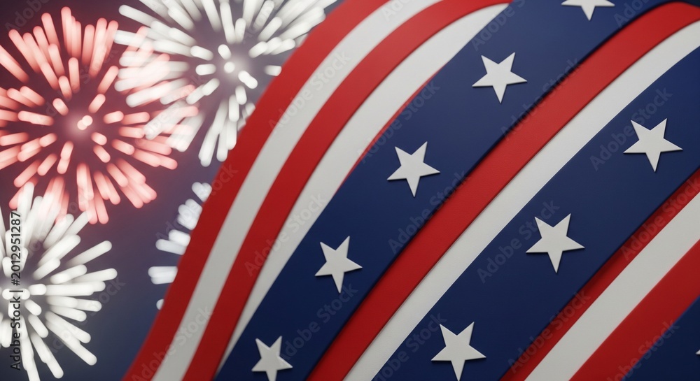 Fototapeta premium Abstract patriotic background with red white and blue stripes and stars in foreground and blurred fireworks in background, festive celebration concept
