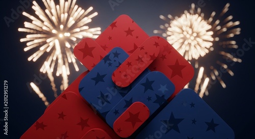 Abstract patriotic shapes in red and blue with stars pattern layered over a dark background with bright fireworks exploding in the night sky, festive celebration concept, 3D render