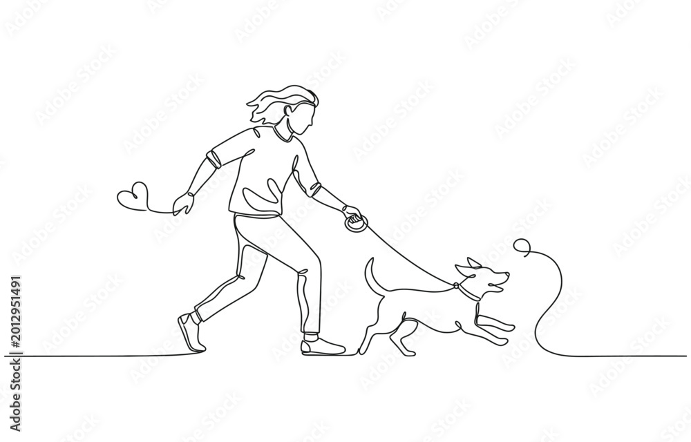 Fototapeta premium Continuous one line drawing owner dog fun walk love one line art design vector. 