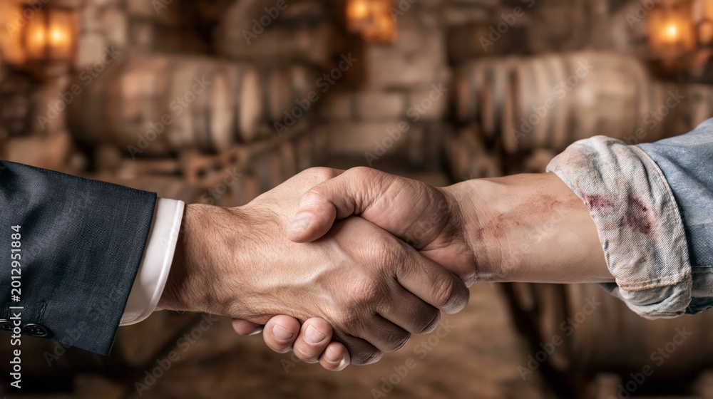 Obraz premium Wine and viticulture industry business deal between a corporate buyer and a vineyard producer. Two hands shake in front of a blurred wine cellar with oak aging barrel rows.