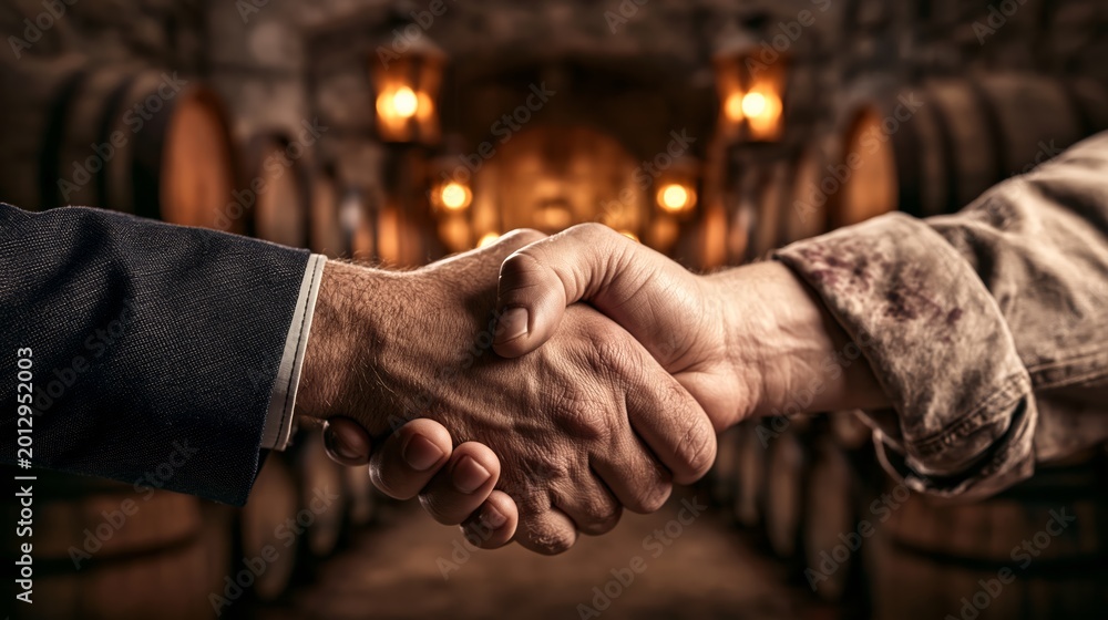 Obraz premium Wine and viticulture industry business deal between a corporate buyer and a vineyard producer. Two hands shake in front of a blurred wine cellar with oak aging barrel rows.