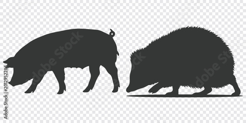 Minimalist black vector illustration featuring two wild boars in a flat graphic style, ideal for wildlife-themed designs and projects.