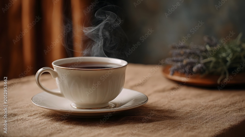 Fototapeta premium Steaming hot beverage on a textured cloth beautifully complemented by dried herbs and natural rustic elements