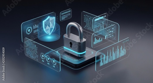 Cybersecurity UI Dashboard Icon with Lock Symbol, Glowing Shield and Secure Digital Interface Panels