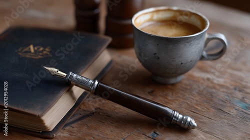 A warm overhead arrangement showcasing writing materials an antique pen and a cup of freshly brewed coffee set upon a rustic wooden surface
