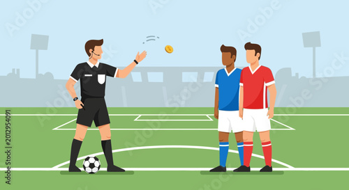 Konstfotografi Soccer Referee Blows Whistle, Players Wait for Decision on Field