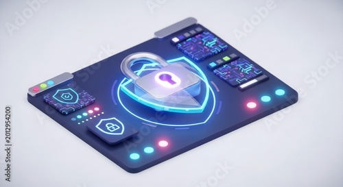 Cybersecurity UI Dashboard Icon with Lock Symbol, Glowing Shield and Secure Digital Interface Panels