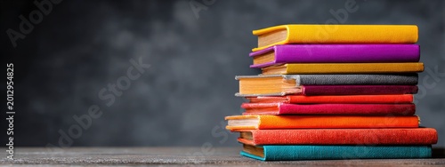 Stack of colorful hardcover books on a wooden surface against a textured dark background