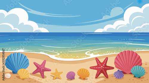 Foto Seashore scene with colorful seashells and starfish on a sandy beach vector illu