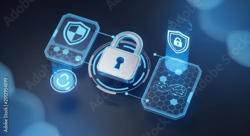 Secure Admin Dashboard UI Icon Featuring Cyber Protection Lock, Futuristic Shield and Data Security Panels