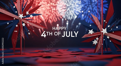 Patriotic 4th of July celebration with exploding fireworks in red, white, and blue colors, abstract starburst decorations, and scattered confetti on a dark background, festive holiday theme.