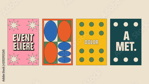 Fotografie Four retro style event posters with geometric shapes and bold typography on a be