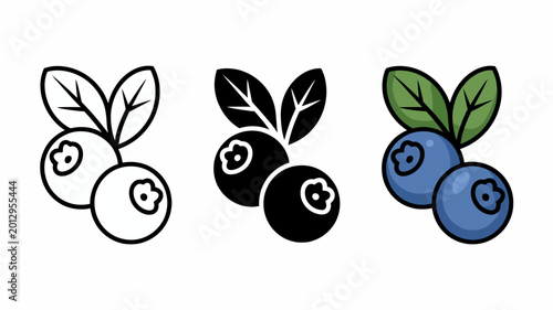 Photos Stylized blueberry illustrations with leaves in line art silhouette and color fo