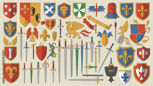 Canvas Print Collection of heraldic shields swords and knightly emblems in a colorful vector