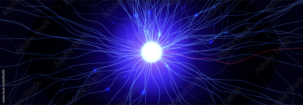 Obraz premium Neural Network Brain Neurone Synapse Connections Lightning Ball Energy Glow. Machine Learning Technology Background for AI Data Flow, BigData, Medical Science Research, Biotech. Vector illustration
