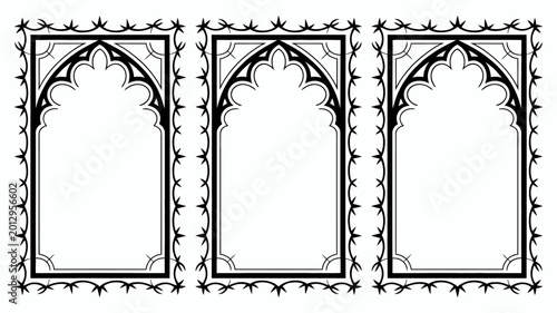 Canvastavla Ornate gothic arch frames black line art on a white background set of three high