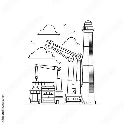Minimal line art illustration of industrial factory with cranes