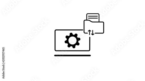 Black line on a white background showing a laptop screen with a gear symbol and a folder with up and down arrows, representing file transfer or data synchronization. Keywords: black line