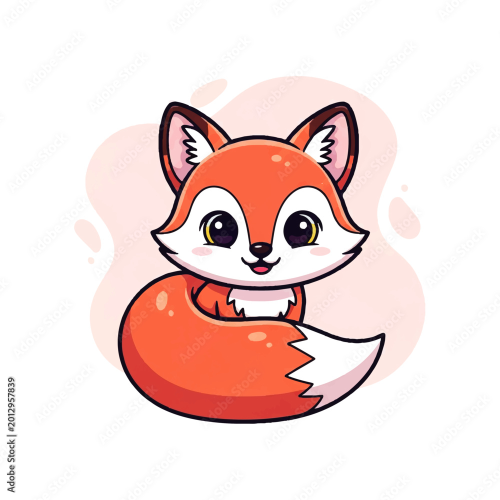 Fototapeta premium Adorable vector flat design illustration of a cute cartoon fox with big eyes and a fluffy tail, perfect for children's