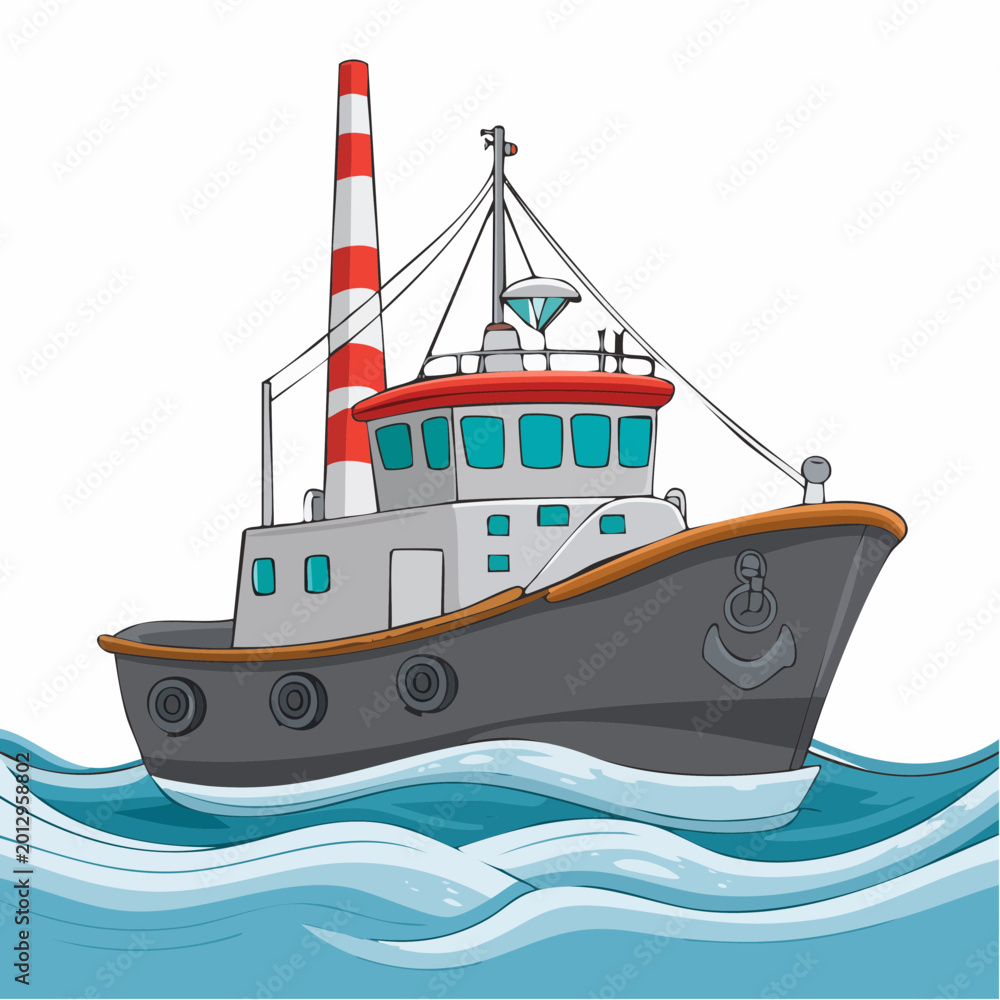 Fototapeta premium Cartoon Tugboat Sailing on Blue Waves
