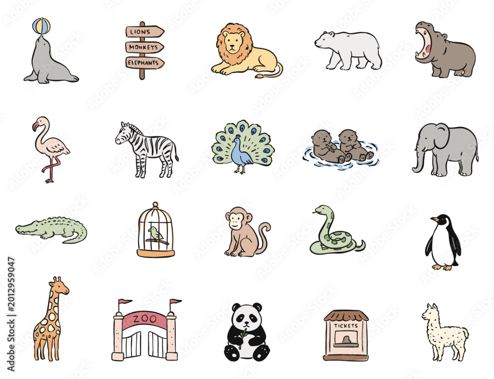 Fototapeta premium Cute zoo animal sticker set featuring lion, elephant, panda, and more. Minimalist hand-drawn doodle illustrations for kids, education, and scrapbooking. Isolated vector elements on white.