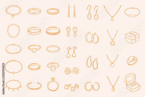 Jewelry line art icon set featuring rings, earrings, necklaces, and bracelets. Elegant hand-drawn doodle illustrations for jewelry shop branding, wedding stationery, and fashion design.