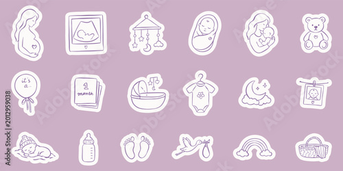 Pregnancy and newborn baby sticker set. Hand-drawn line art icons of pregnant woman, ultrasound, stork, and nursery items. Cute minimalist doodle illustrations for motherhood and baby shower.