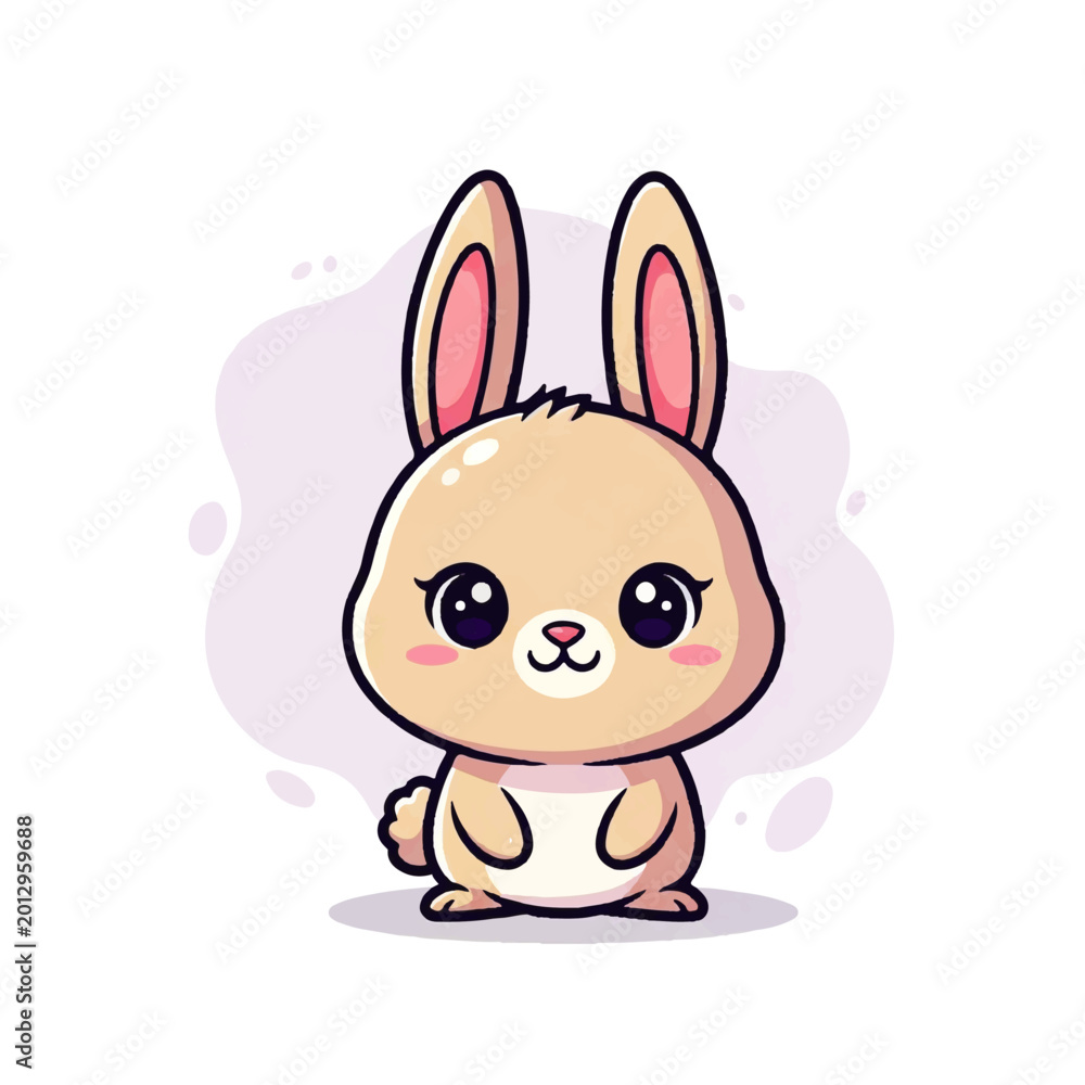 Fototapeta premium Cute vector flat design illustration of a kawaii bunny rabbit with big eyes and a soft pastel background