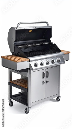 Stainless steel gas grill with wooden side tables, four burners, and storage cabinet