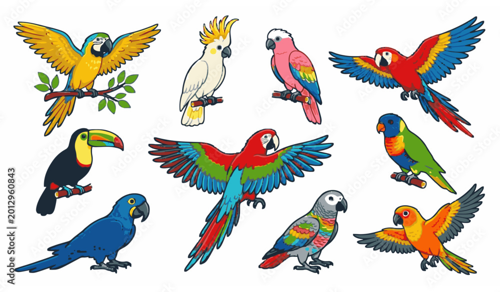 Fototapeta premium Colorful tropical parrot cartoon vector set with exotic feathered birds isolated on white