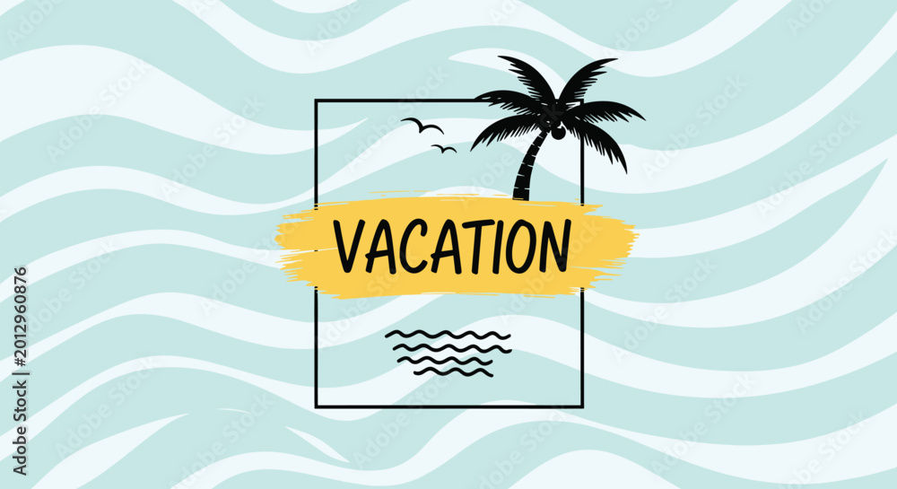 Obraz premium Tropical vacation themed graphic with a palm tree flying birds and ocean waves inside a rectangular frame on a light teal wavy background pattern.
