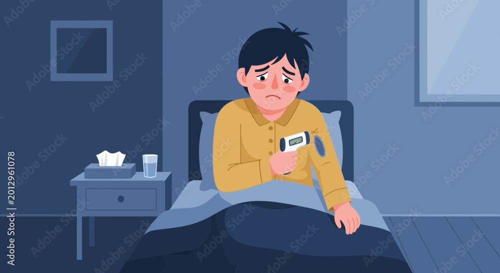Obraz premium Feeling Unwell Person Measuring Temperature in Bed During Night, Vector Illustration