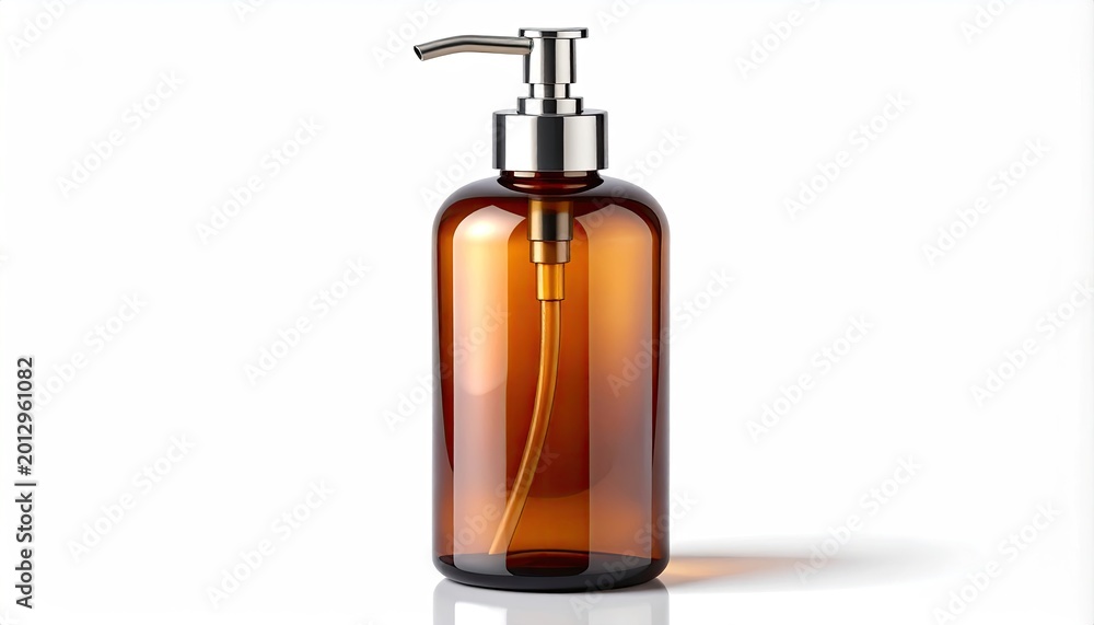 Fototapeta premium Amber pump dispenser bottle with metallic silver nozzle, isolated on white