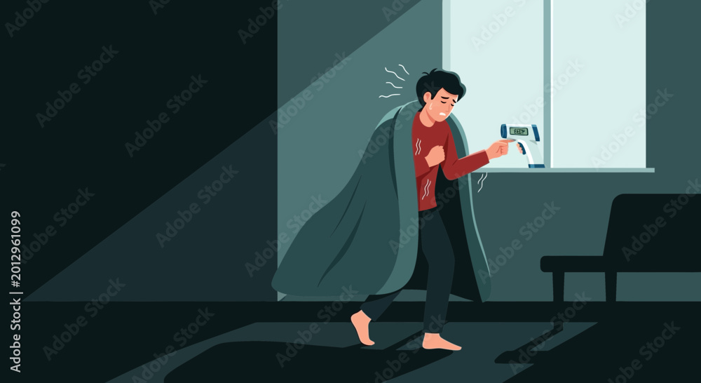 Fototapeta premium Feeling Unwell Person Measuring Temperature Indoors With Thermometer Showing High Fever