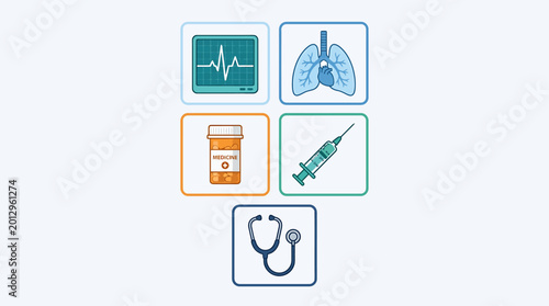 Medical icons representing healthcare, diagnostics, medication, and patient care for professional use