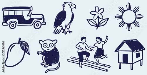 Collection of Philippine Cultural Icons and Symbols in a Simple Doodle Style.