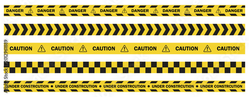 Tableau sur toile Danger Warning Tape Set with Yellow Black Safety Stripes and Crossed Barrier Lin