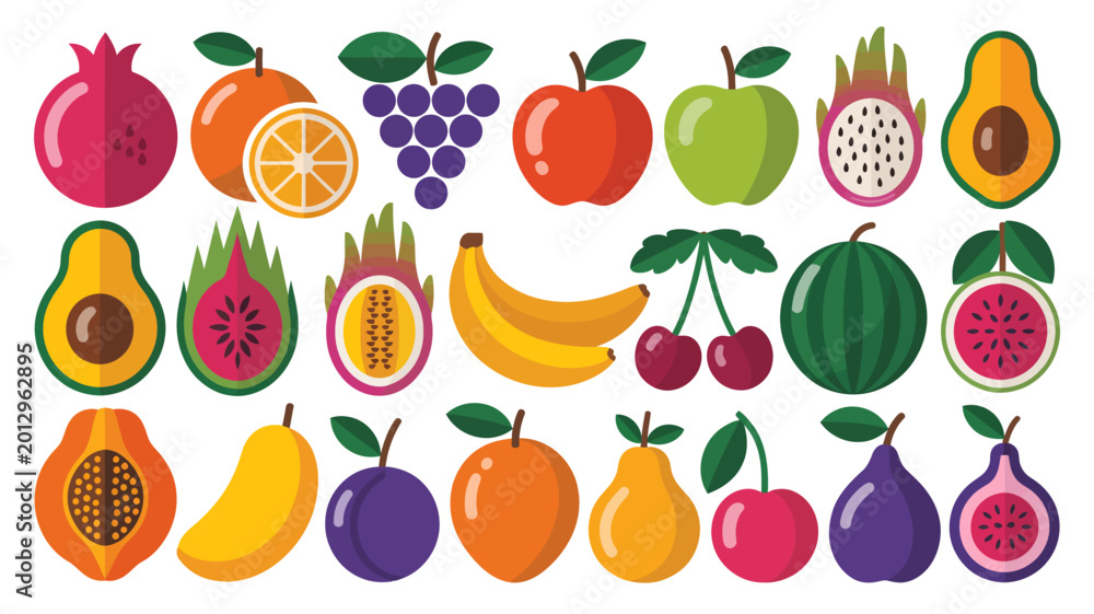 Obraz premium Colorful fruit illustration collection with apples bananas grapes and more on a white background high quality