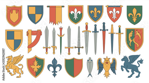 Foto Heraldic elements collection including shields swords banners and mythical creat