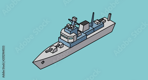 Modern Warship illustration, naval vessel, military escort ship, isometric view