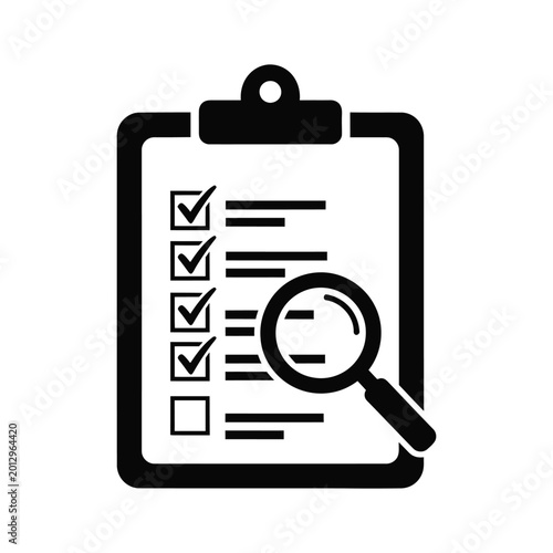 Checklist on clipboard with magnifying glass, verification and inspection concept