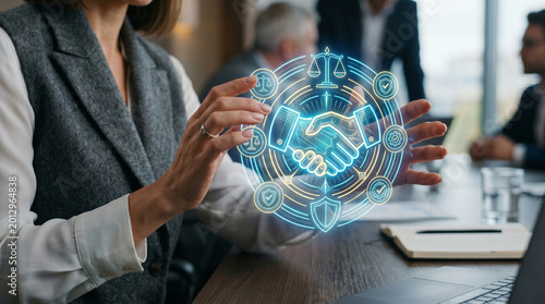 Trustworthy ai framework for business partnership and legal security in office meeting with digital interface