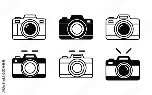 Collection of gray camera icons on white background