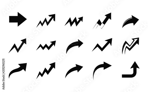 Collection of various grey arrows and growth chart symbols on white background