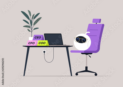 Quadro em tela Workforce automation, In a minimalistic office environment, a robot takes on multiple executive roles as CEO, CFO, and COO, sitting beside a desk equipped with a laptop and vibrant job title blocks