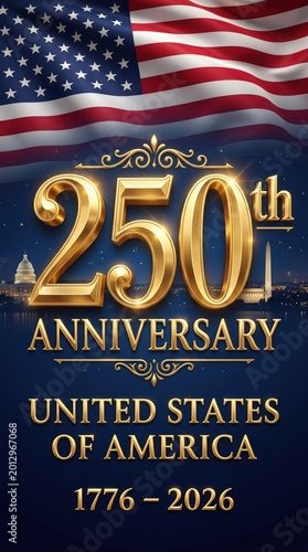 Vibrant golden 250th anniversary logo for usa independence day on a dark blue background