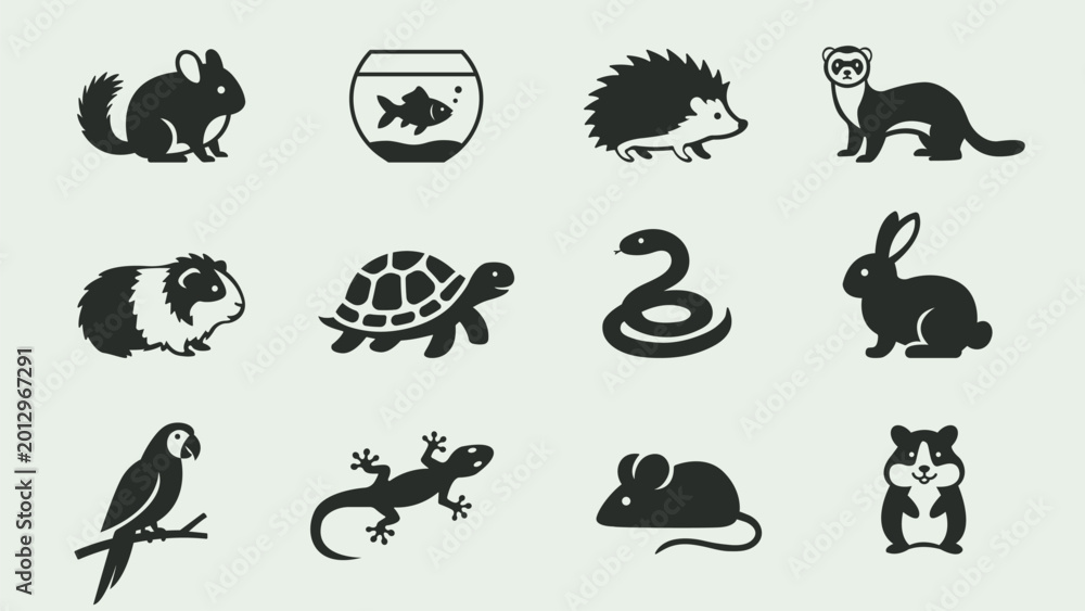 Obraz premium Small pets and exotic animals black icons set vector illustration.